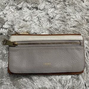 Fossil Gray and Brown Leather Wallet with Pebbled Texture